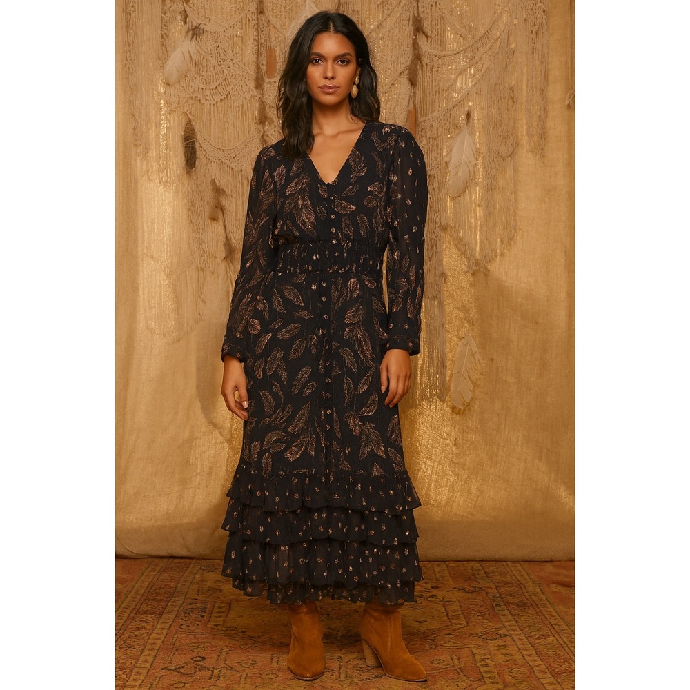 Z & L Womens Size L Navy Boho Feather Print Long Sleeve Ruffle Hem Midi Dress